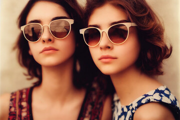 Illustration of Two Young Women Wearing Sunglasses