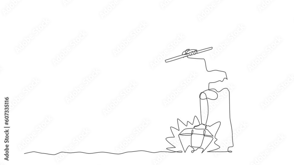 Poster animated self drawing of continuous line draw robot digging ground with shovel finding big diamond. 