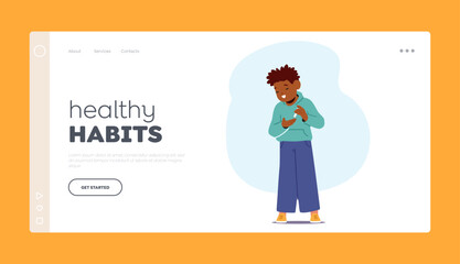 Healthy Habits Landing Page Template. Child With Diabetes Manages Sugar Levels Using Pen For Insulin Administration