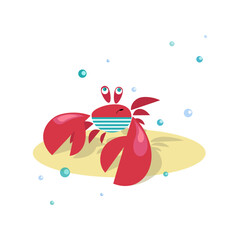 Red sea crab. Summer. Beach season. Cute crab sailor. Funny character on the beach. Cartoon animal