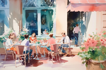 Watercolor modern painting: People are sitting at tables in a cafe. Illumination by sunlight. AI