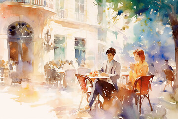 Watercolor modern painting: People, a man and a woman, are sitting at tables in street cafe. Illumination by sunlight. AI
