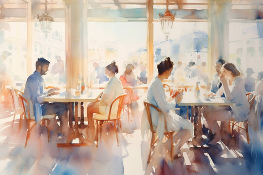 Watercolor modern painting: People are sitting at tables in cafe. Illumination by sunlight. AI