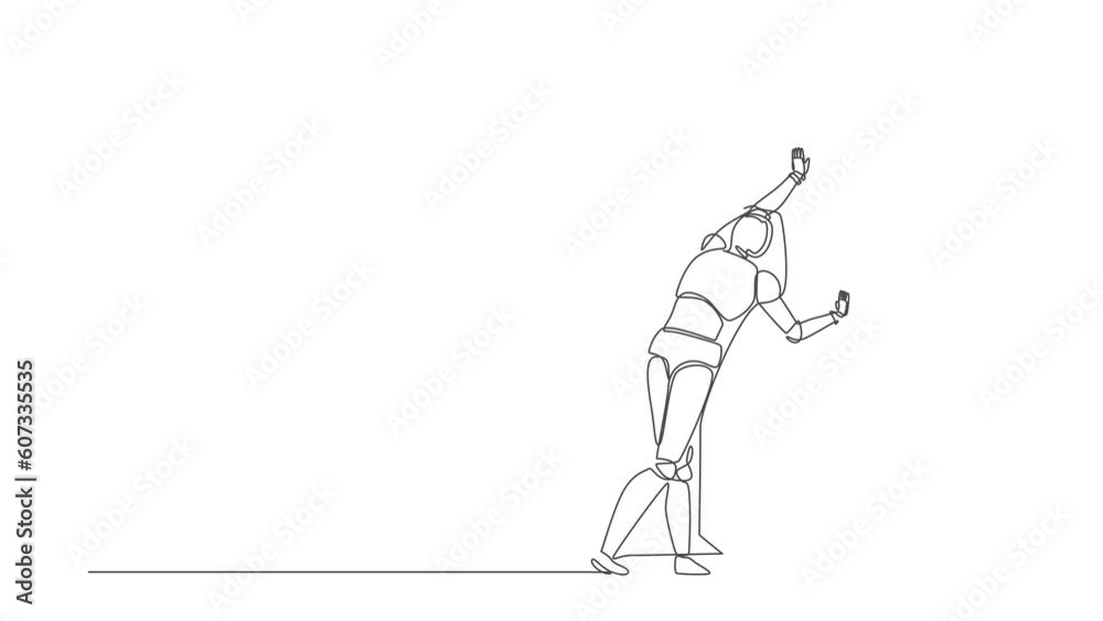 Poster animated self drawing of continuous one line draw robot pushing wall. challenge and problem solution