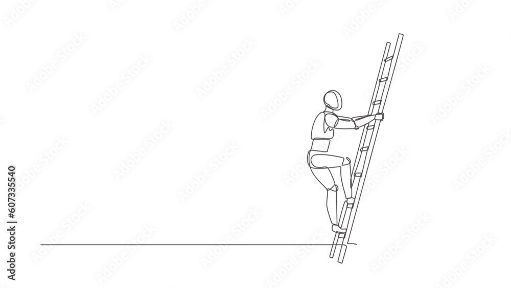 Poster animated self drawing of continuous line draw robot climbing up the wall with ladder. business obsta