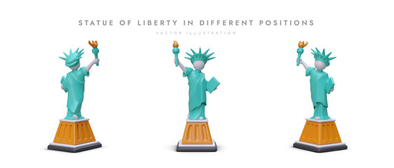 American Statue of Liberty from different sides. Set of 3D icons in cartoon style. Realistic depiction of outstanding monument of world. Symbol of US independence