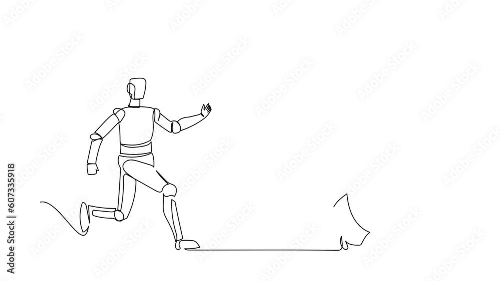 Poster animated self drawing of continuous line draw robot chasing alarm clock. system management control a