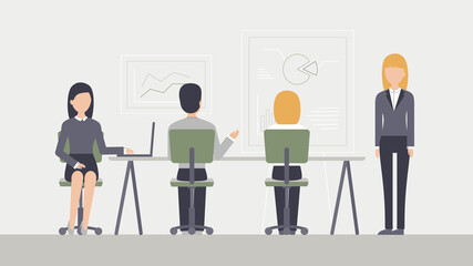 Office employees discuss. Presentation and analytics. Speech or report to colleagues at the workplace. Modern illustration. 