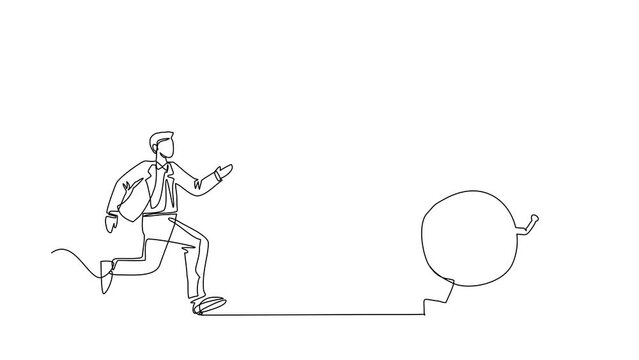 Animated self drawing of continuous one line draw stressed businessman chasing alarm clock. Manager being chased by work deadlines. Running out of time. Business. Full length single line animation