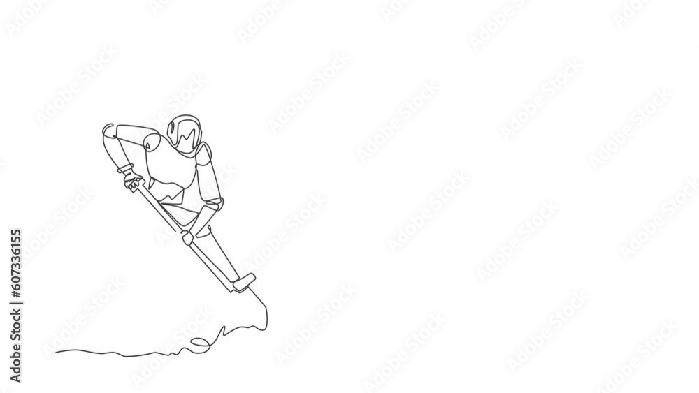 Poster animated self drawing of continuous line draw robot step on shovel and digging in dirt to find chest