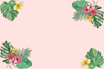 Tropical leaves and flowers on a light pink background. Greeting card, copy space.