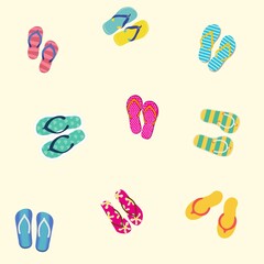 Multicolored flip-flops on a light yellow base. Square.