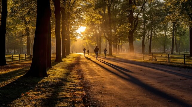 people running and jogging in the park at sunny morning, ai generated image