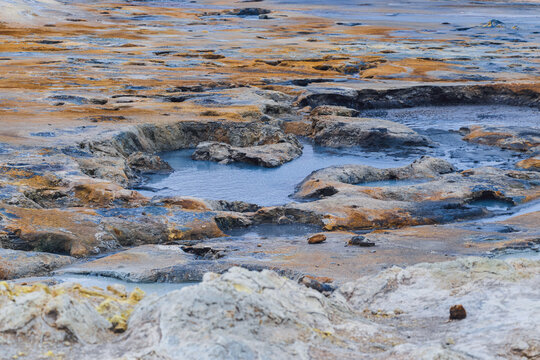 Beautiful Iceland landscape with surreal Namafjall geothermal area. Hverir. Steam, sulfur, boiling mud, out of this world.