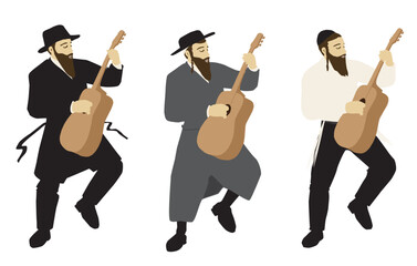 Observant ultra - Orthodox Jewish musicians in a variety of clothing styles. Hassidic, Jerusalemite, classical. Play guitars, dance and sing.
Colorful vector on a white background. Isolated figures