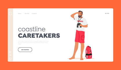 Coastline Caretakers Landing Page Template. Vigilant Lifeguard Male Character Scanning With Binoculars For Dangers