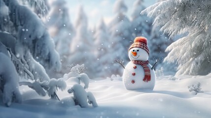 Realistic snowman smiling standing in snow near spruce trees. Cute new year, christmas holiday character smiling in red mittens scarf and hat. Generative AI - obrazy, fototapety, plakaty