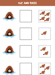 Math game for kids. Count and paste cute beavers to huts.