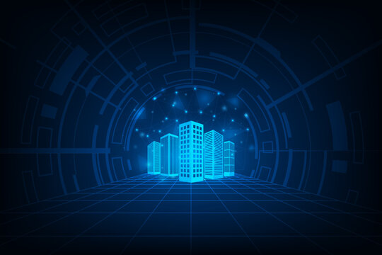 Vector city wireframe on blue background. City future building concept.