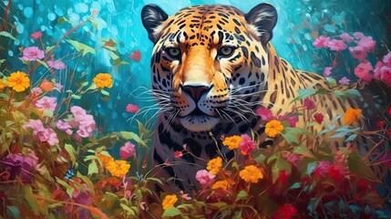 Jaguar in field of wild flowers. Generative AI