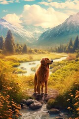 Dog in nature at mountain valley. Generative AI