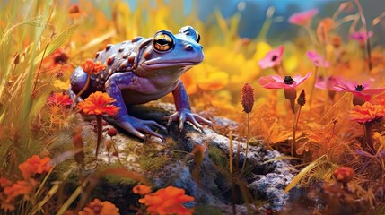 Obraz na płótnie Canvas Frog in field of wild flowers. Generative AI