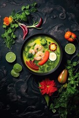 Green Curry meal on black stone surface background. Generative AI