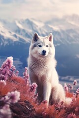 Siberian Husky in nature at mountain valley. Generative AI