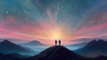 Fototapeta premium Silhouette of two hikers were standing at the top of the mountain looking at the stars over the twilight sky. Generative AI