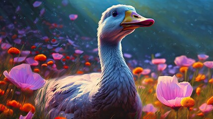 Fototapeta premium Goose in field of wild flowers. Generative AI