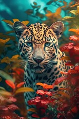Jaguar in nature at mountain valley. Generative AI