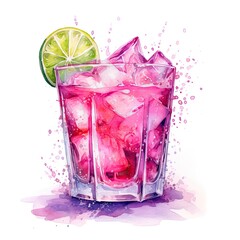 Refreshing pink drink or cocktail with ice, garnished with a slice of lime. Generative AI