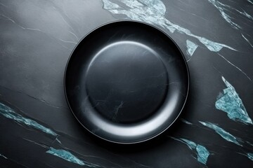 Black stone surface with empty plate. Copy space background. Generative AI