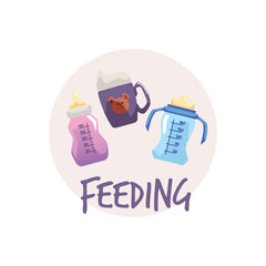 Baby feeding accessories and dishware emblem or symbol, flat vector isolated.