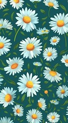 Daisy flat pattern of spring and summer chamomile flowers on a blue background. Generative AI