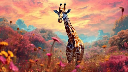 Giraffe in field of wild flowers. Generative AI