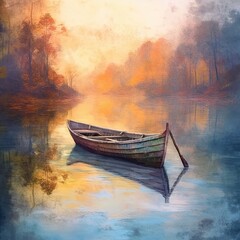 Fototapeta na wymiar Beautiful view of traditional wooden rowing boat on scenic lake at sunrise. Generative AI