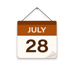 july 28, Calendar icon with shadow. Day, month. Meeting appointment time. Event schedule date. Flat vector illustration. 