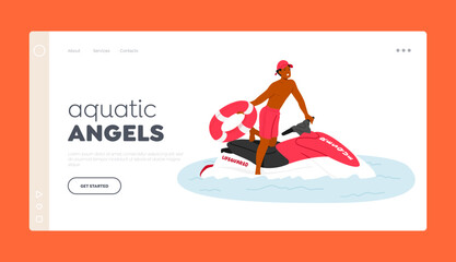 Aquatic Angels Landing Page Template. Lifeguard Male Character Wear Red Uniform, Equipped With Life Buoy