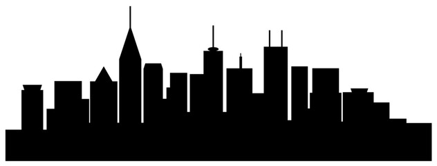 The landscape of buildings is silhouetted on white background.