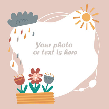 Children's photo frame, invitation template with sun and flowers