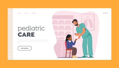 Pediatric Care Landing Page Template. Doctor Checks Child's Glucose Using Glucometer On Finger For Diabetes Monitoring