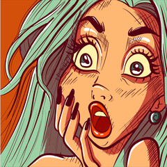 Pop art illustration of a surprised woman face. Closeup vector of a pin up girl with a shocked facial expression.