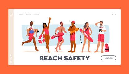 Beach Safety Landing Page Template. Lifeguard Characters Patrolling Sandy Shores, Ensuring Safety For Beachgoers