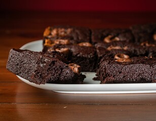 Selective focus shot of slices of delicious brownies on white plate on wooden table