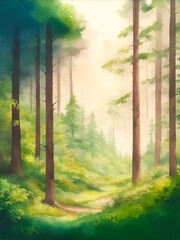 morning in the woods forest watercolor