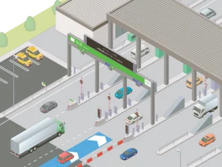 Foto op Plexiglas アイソメトリック図法で描いた日本の高速道路の料金所入口イメージ / Isometric illustration : Japanese Expressway toll gate entrance © AntiqueJP
