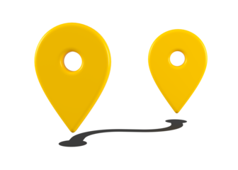 Two yellow place marks isolated. Close up location symbol isolated or web point, pointer concept. 3d rendering.