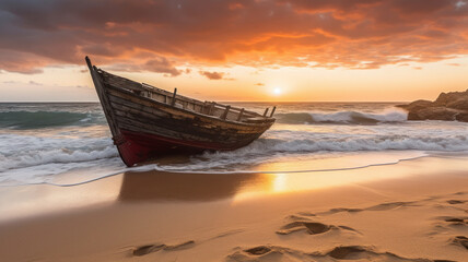 old wooden fishing boat on beach at sunset. generative ai