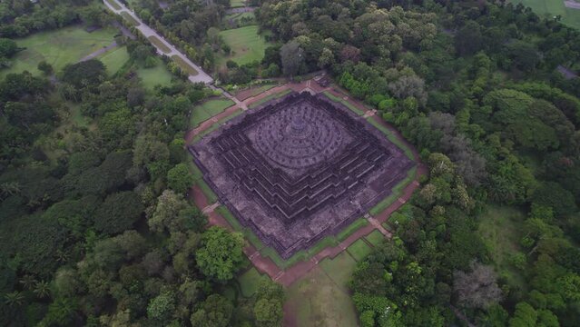 Empty Buddhist temple Borobudur Java Indonesia drone shot 4k